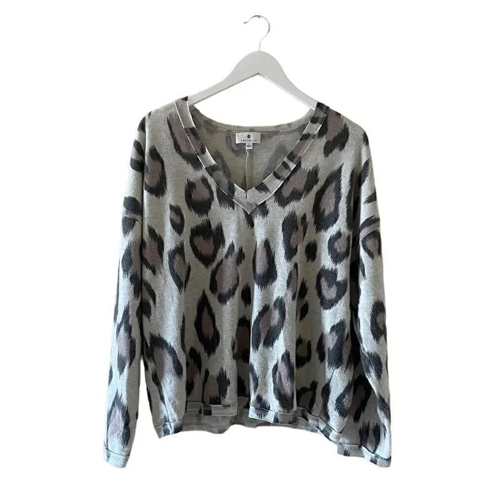 Socialite V Neck Long Sleeve Top Womens Multi Leopard Print Soft SZ L -#1687 - Picture 5 of 13